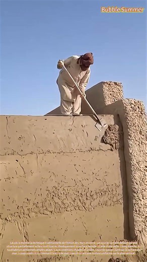 Construction en terre : ouvrier lissant des murs en boue à l'aide d'une pelle à long manche