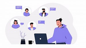 Flat character scene animation showing individuals communicating through different platforms like email, chat, or phone, highlighting digital communication tools.