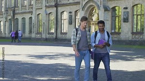 Male best friends walking near academy and talking with each other. Students