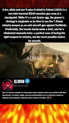 A fun, blink and you'll miss it detail in Fallout 2024 is a rare twin barreled M240 machine gun seen