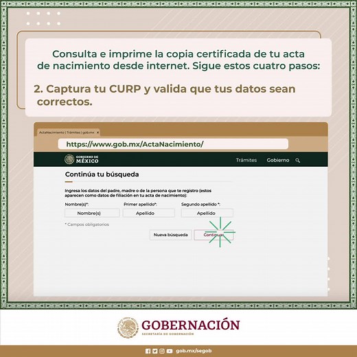 Consulta y descarga tu acta de nacimiento certificada de manera impresa. Te decimos cómo identificar la página oficial: www.gob.mx/actas. Recuerda que el trámite es fácil y GRATUITO, el único pago que realizarás será el coste total de la expedición de tu acta impresa. | Secretaría de Gobernación