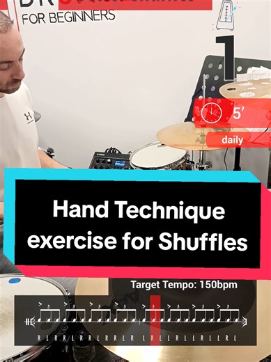 🔥Improve your shuffle groove with this focused hand exercise! 🥁 Start at slow tempo (eg 60bpm) 🥁 Increase the tempo by 2 bpm every day 🥁 Tempo goal is 150bpm and over! #drums #handexercise #shuffle