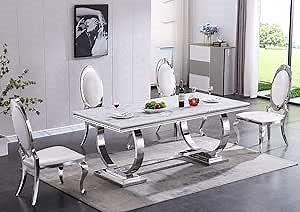 5 Piece Marble Dining Table Set, Luxury Silver Dining Table Set for 4, 70" White Marble Dining Room Table and 4 Leather Upholstered Chairs, Modern Marble Kitchen Table and Chairs Set