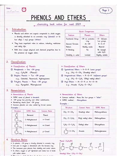 Phenols and Ethers | Chemistry Best Notes for NEET 2027 |