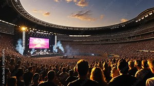Energetic Music Concert Crowd Cheering at Stadium Arena with Stage Lights and Show