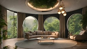 live wallpapers, seamless loops, and overlay animation backgrounds in streaming video. cosy, opulent living area with a round window overlooking the jungle rain