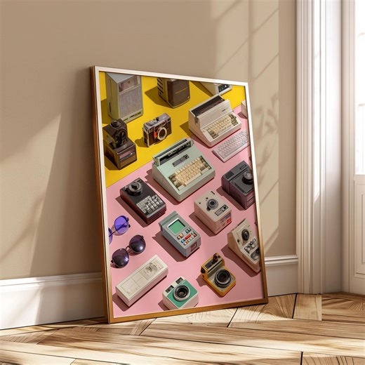 Retro Tech Wall Art Printable Digital Download Vintage Gadgets Poster Colorful Electronics Decor