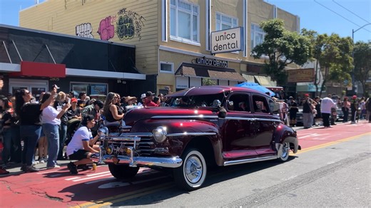 King of the Streets, the world's first televised and streamed lowrider parade, rolls through the streets of San Francisco on Saturday, September 20, 2025. The event, as part of National Latino-Hispanic Heritage Month, is sponsored by the S.F. Lowrider Council in conjunction with the city at the Mission Merchants Association. (Yalonda M. James / The Chronicle) | San Francisco Chronicle