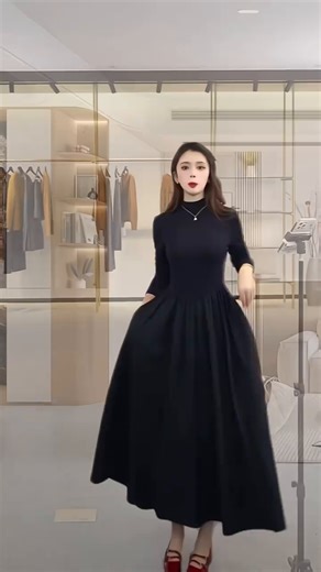 FENCYSWEET黑色赫本风高领莫代尔连衣裙女2025春季气质收腰显瘦打底针织长裙 黑色2395 裙摆有里布 2XL 120-130斤