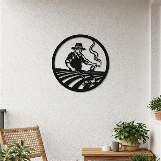 Farmer Metal Wall Art, Vintage Agriculture Scene Decor, Circular Farm Worker Wall Hanging, Rustic Modern Wall Art for Kitchen Patio Garden - Etsy