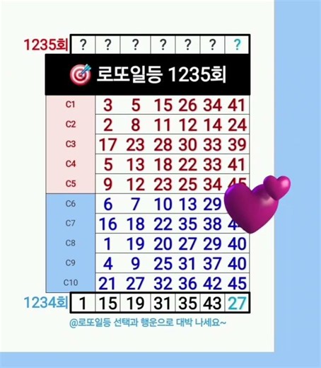 즐거운 휴가요~ 로또1235회 당첨 번호 예상 조합 #로또일등