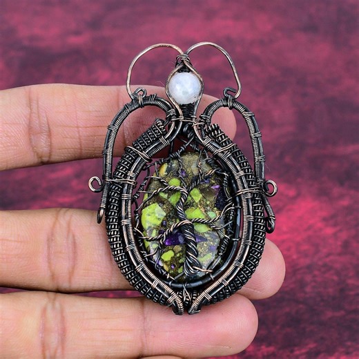 Copper Tree of Life Pendant, Stichtite & Rainbow Moonstone Wire Wrapped Jewelry - Etsy