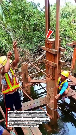 Manual Wooden Pile Driving by a Professional Worker | Traditional Construction Method