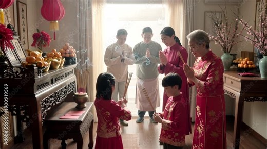 Chinese family praying at a home altar during Chinese New Year with incense smoke drifting and soft backlight, creating a respectful and emotional atmosphere of cultural authenticity, 4k video footage