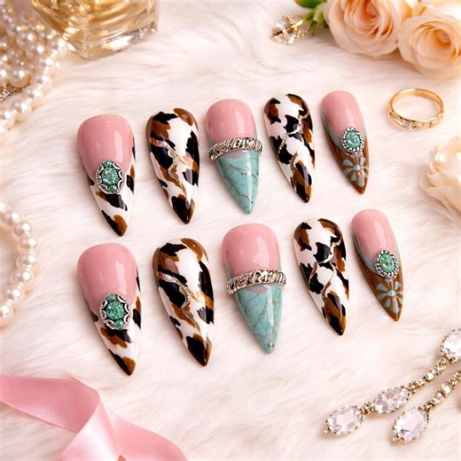 Handmade Cow Print Press on Nails: Turquoise Gem, Rodeo Stiletto - Etsy
