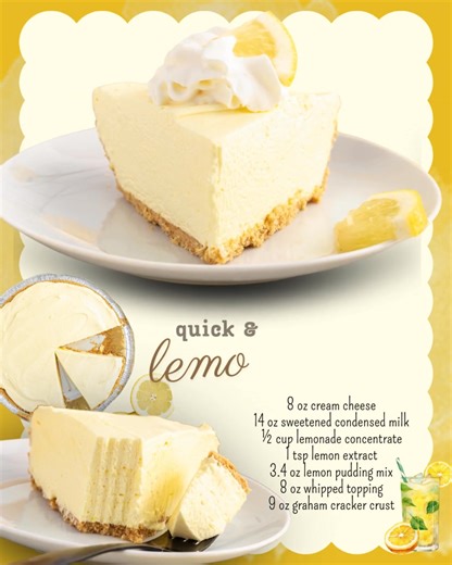 Lemonade Pie = sunshine, smiles, and second helpings 🍋☀️ Ingredients 🍋8 ounces full fat cream cheese, softened 🍋14 ounces sweetened condensed milk 🍋½ cup frozen lemonade concentrate, thawed 🍋1 teaspoon pure lemon extract 🍋3.4 ounces lemon flavored instant pudding mix 🍋8 ounces whipped topping, thawed 🍋9 ounces premade graham cracker crust | Easy Recipes and Crafts