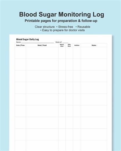 Blood Sugar Daily Log Printable, Diabetes Tracker, Glucose Monitoring Sheet, Daily Health Log, Simple Tracker for Seniors, A4 US Letter - Etsy