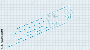 Envelope animation flying into screen mail icons in mint green color, envelope, message flat icon. Animated illustration. A flying envelope is drawn in a school notebook