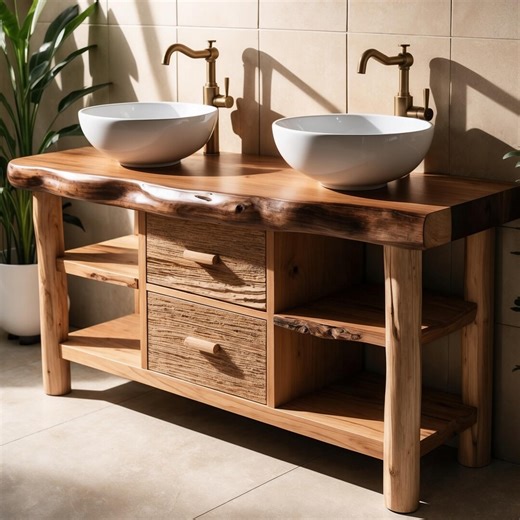 Floating Live Edge Bathroom Vanity With Double Sinks, Rustic Natural Log Vanity, Custom Solid Wood Bathroom Cabinet - Etsy