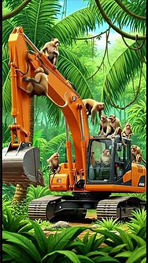 A large Excavator and monkey in the forest