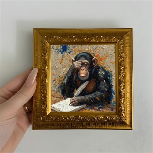 Original Oil Painting Monkey Writing, Hand Painted Canvas Artwork, Whimsical Wall Art, Animal Artwork - Etsy