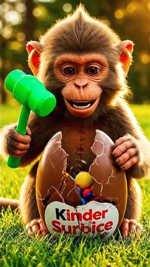 Monkey Smashes a Kinder Surprise Egg — Candy Explosion! 🍬🐒