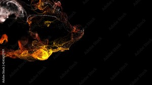 4k background, animation of complex particles simulation advection with turbulence streams, twirl and curl in viscous fluid in slow motion with deph of filed as alpha channel luma matte. fire color 54