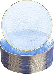 Rubtlamp 100 Pcs Clear Blue Gold Plastic Plates, Clear Hammered Plastic Plates, Blue Party Platos, Disposable Salad/Dessert Platos, 7-Inch Disposable Dessert/Appetizer Platos Perfect For Party