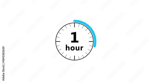 1 Hours timer clock animation. Circle countdown timer animation from 1 to 0 hours. Stopwatch timer clock animation.