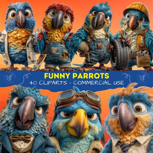Funny and Cute Parrot Clipart Collection | Colorful Tropical Parrots PNG | Fun Bird Illustrations |playful Parrots PNG - Etsy