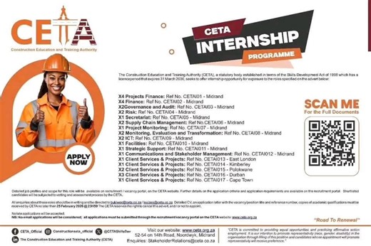 CETA Internship Programme 2026 Now Open! The Construction Education and Training Authority (CETA) is offering exciting internship opportunities across various departments in Midrand, Durban, Polokwane, Kimberley, East London and Cape Town. Closing Date: 25 February 2026 at 23h59 Apply via: www.ceta.org.za Scan the QR code for full details No late or emailed applications will be accepted. Opportunities With Thabang WhatsApp Channel: https://whatsapp.com/channel/0029Vadi8px42DcfdTWUPa30 Good Luck!