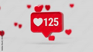 Social media like icon with likes counter increasing on a white background and floating hearts in 3D animation. Concept of social media engagement, popularity, and online interactions