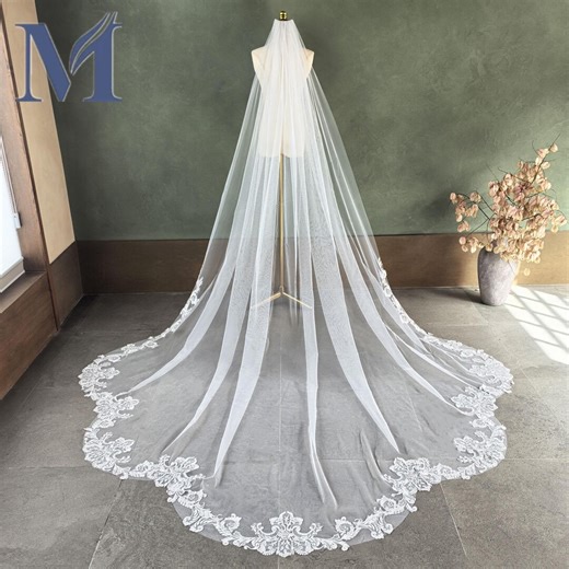 Boho Lace Scalloped Cathedral Wedding Veil, 5 Scallops Bridal Wedding Accessory