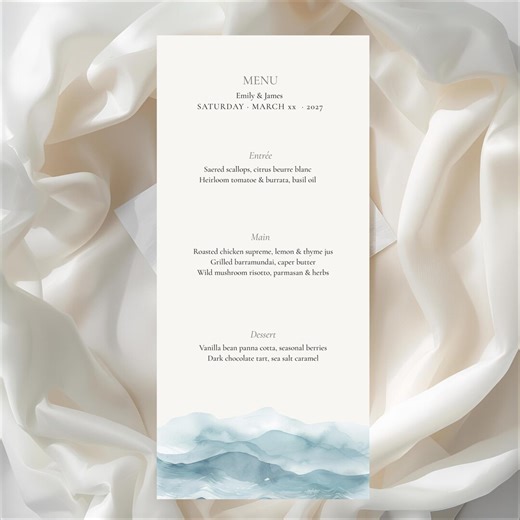 Coastal Wedding Menu Template, Editable Canva Menu, Beach Wedding, Reception Menu, 4×9 Printable Menu - Etsy