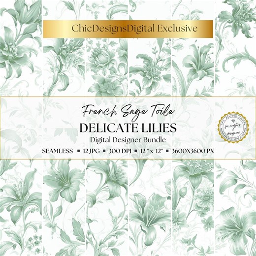 Sage Green Toile Digital Papers: 12 Seamless Lily Floral Patterns for Junk Journals, Scrapbooking, Botanical Backgrounds & Crafts - Etsy