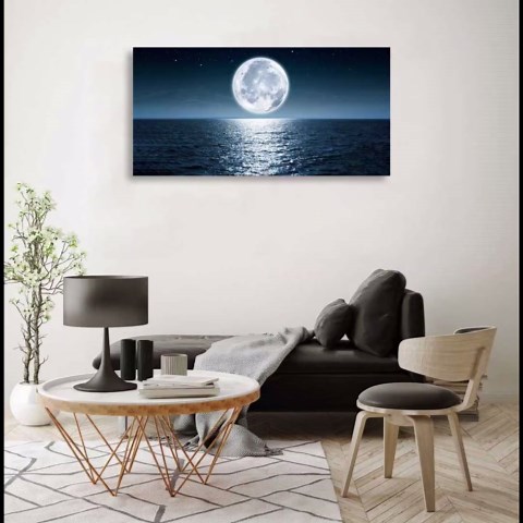 Aibonnly Wall Art Canvas Print Moon Sea Ocean Landscape 1 Panels Full moon Picture Painting Framed and Stretched Ready to Hang for Living Room Bedroom Office Home Decor Artwork 30x60inch