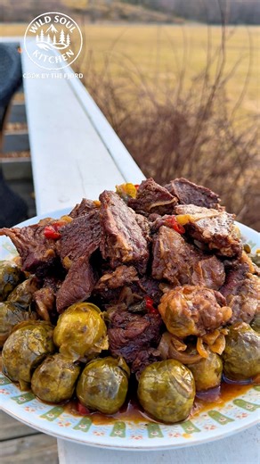 First grilled over open fire, then slowly braised with garlic, onions and Brussels sprouts. Rich, tender and full of flavor — real outdoor comfort food. Follow WildSoulKitchen for more! #bbqbeef #slowcooked #brusselsprouts #outdoorcooking #bbqlovers #wildsoulkitchen | Wild Soul Kitchen