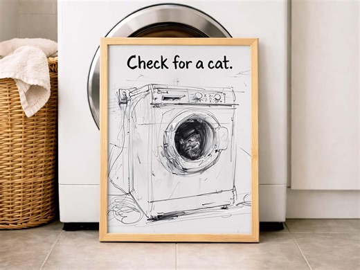 Cat in Washing Machine Wall Art – Vintage Pet Caution Sketch Print – Playful Warning Poster – Bathroom Humor Drawing – Laundry Fun Artwork - Etsy