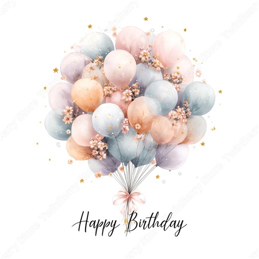 Birthday Balloons PNG, 21 Pastel Watercolor Clipart Happy Birthday Bouquets for Cards - Etsy