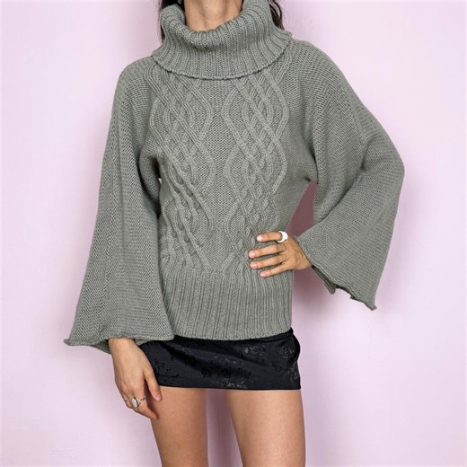 Vintage Green Sweater Wool Cable Knit Turtleneck Size M - Etsy
