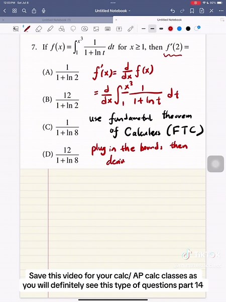 FTC, using fundamental theorem of calculus to take derivatives #bekindtoyourself #minutesuccess #henrytutors #henrysolves #hell #college #tutor #mathematics #math #fyp #fy #calculus #apexam #derivative #FTC #fundamentaltheoremofcalculus #swiftie