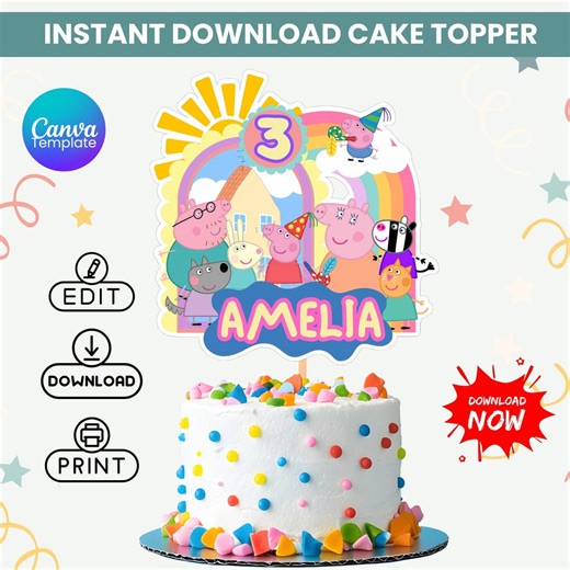 Editable Peppa Pig Cake Topper, Canva Template, Instant Access, Name and Age Editable, Printable Cake Topper, A4 & US Letter Sizes - Etsy