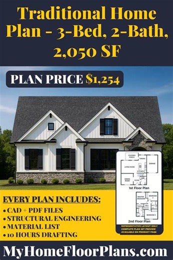 Traditional Home Plan - 3-Bed, 2-Bath, 2,050 SF