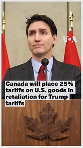 Canadian Prime Minister Justin Trudeau on Saturday said his country will place 25% tariffs on $155 billion in U.S. imports in retaliation for U.S. President Donald Trump's imposition of tariffs on imports from Canada. Trudeau said that Canadian duties on $30 billion in trade in American alcohol and fruit will take effect Tuesday when the U.S. tariffs go into effect. Trump on Saturday signed an order to impose stiff tariffs on imports from Mexico, Canada and China, drawing swift retaliation from 