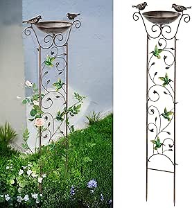 SUNNYPARK Antique Garden Iron Trellis with Decorative Hummingbirds Detachable Bird Bath Bowl Metal Potted Plant Support for Climbing Flowers