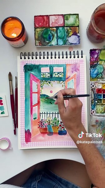My version of Matisse’s ‘Open Window’ 🌈🪟✨☺️ a lot of lesson on color theory on this one! #arttok #paintwithme #matisse #watercolorpainting #dailyart