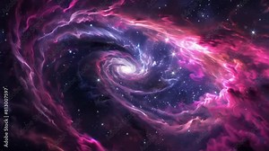A spiral galaxy in the dark starry sky. The camera slowly zooms in on the purple galaxy. Rotating Nebula space animation