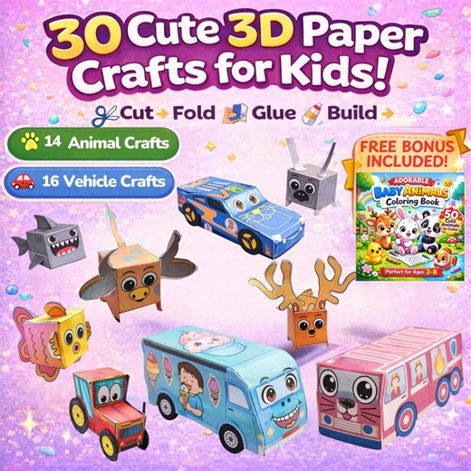 30 Printable 3D Paper Templates | Animal & Vehicle Designs | Cut Fold Glue Activity | Kids Craft - Etsy