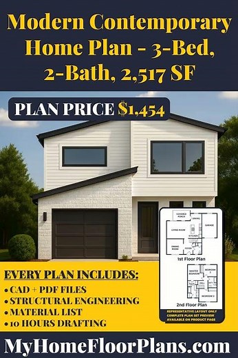 Modern Contemporary Home Plan - 3 Bed, 2 Bath, 2,517 SF