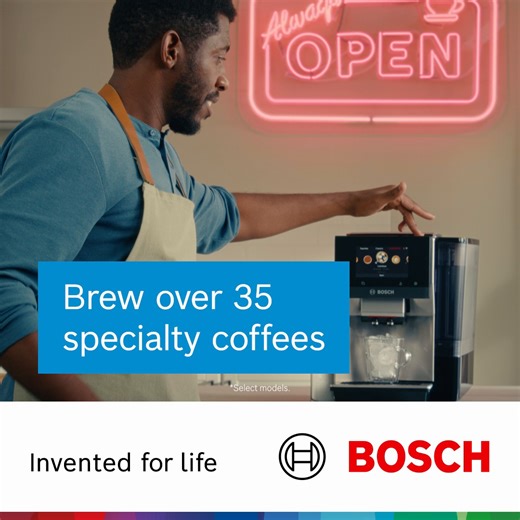 Keep it brewin’. The Series 800 fully automatic espresso machine serves up the widest variety* of barista quality coffee any time of day. Start sipping #LikeABosch #BrewItLikeABosch *Select models. Based on the number of beverage types that Bosch countertop fully automatic espresso machines (“FAEM”) with Coffee World can make compared to other non-commercial countertop FAEMs, as of January 2024 in U.S. and Canada. https://bit.ly/3UFNYNx | Bosch Home